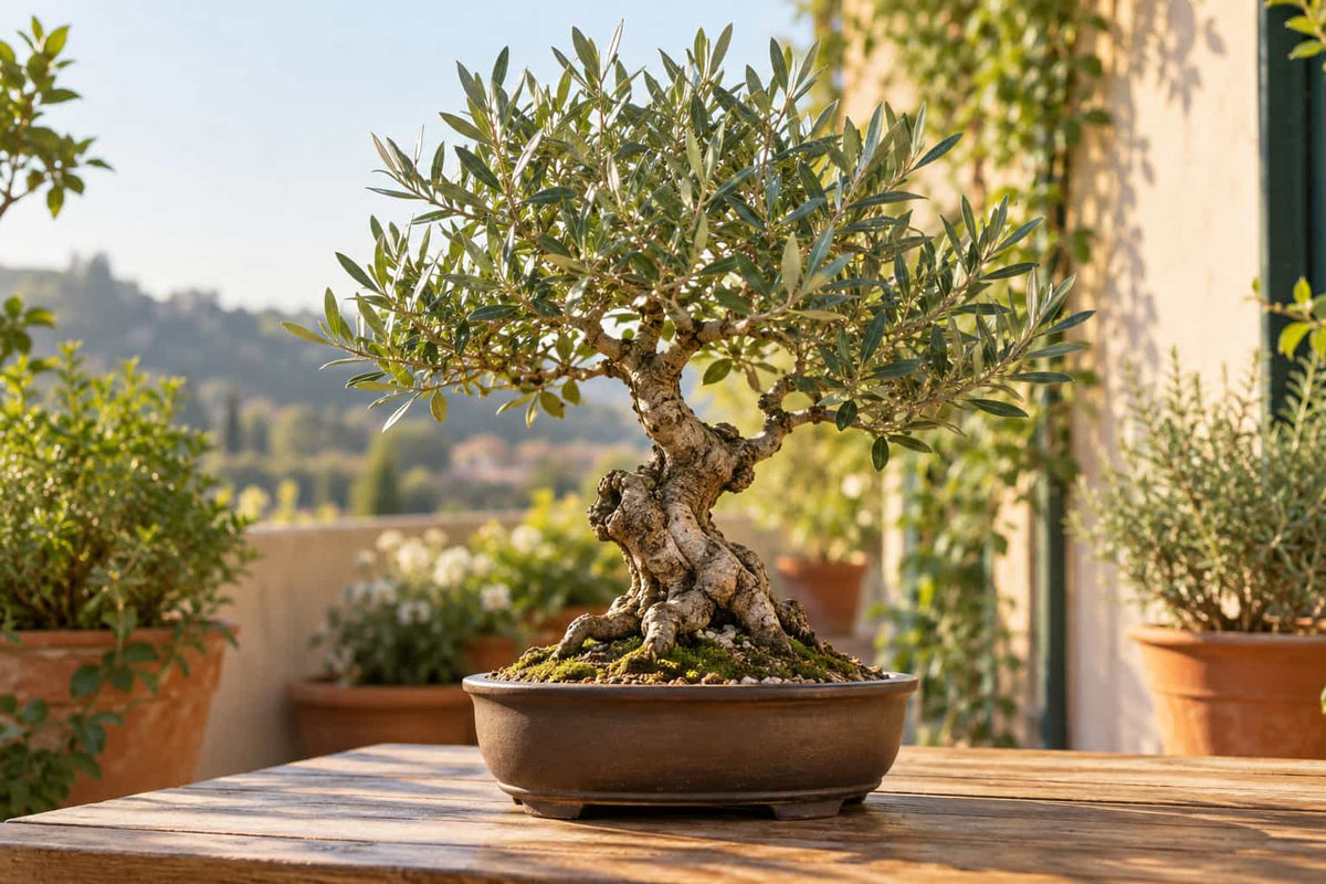 Bonsai di olivo in vaso di ceramica su un balcone al sole